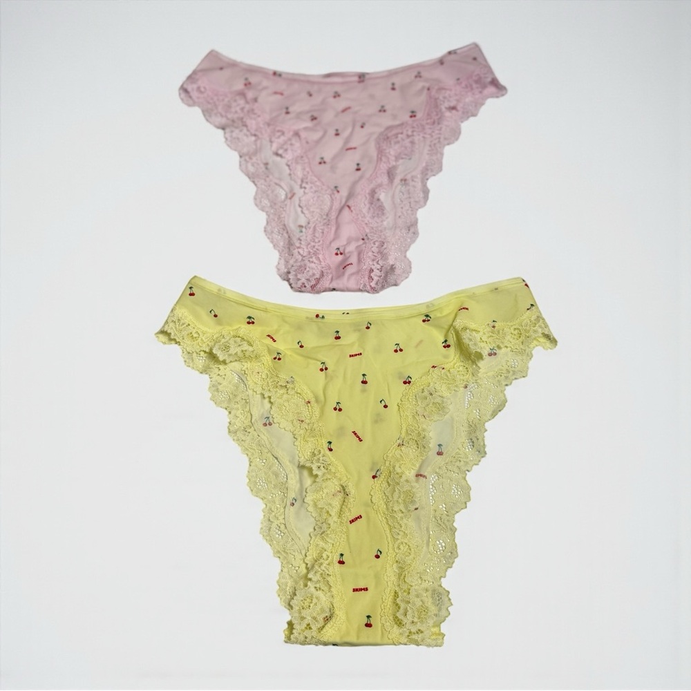 SKIMS Lace Cherry Print Panty Bundle 🍒 (Pink & Yellow, Size XL)